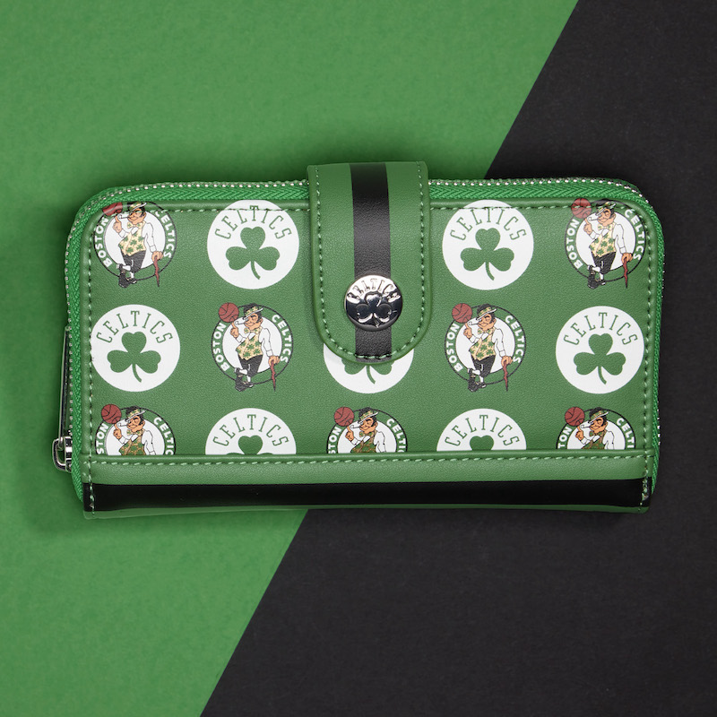 Image of the Loungefly NBA Boston Celtics Logo Zip Around Wallet against a green and black background. 